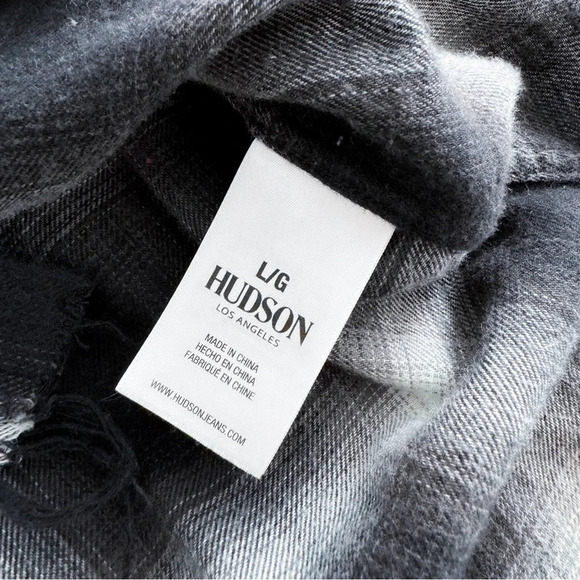Hudson Oversized Flannel Button Down Shirt Raw Hem Distressed Plaid Black Gray - Picture 7 of 12